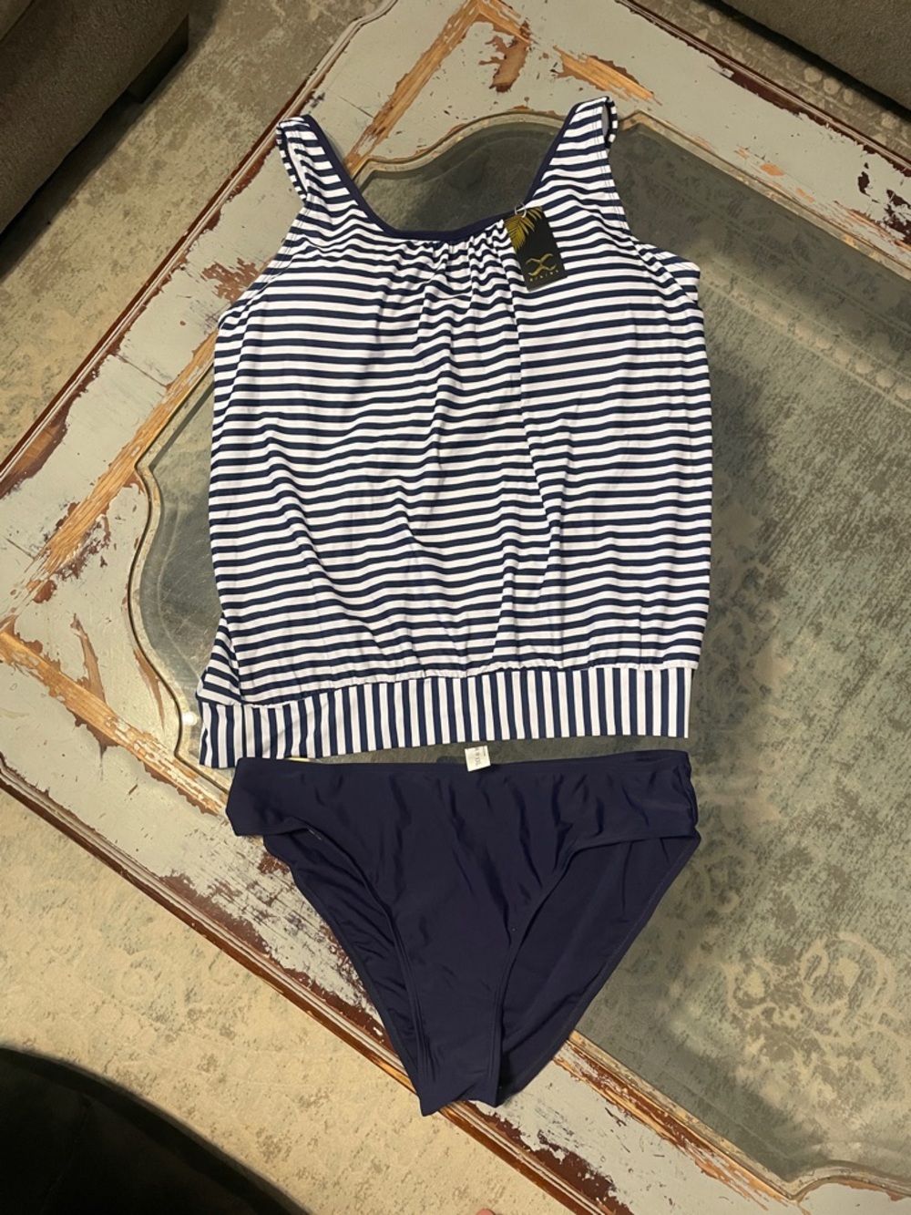 Striped Navy & White Tankini Swimsuit with Navy Bottoms Brand new, never worn.